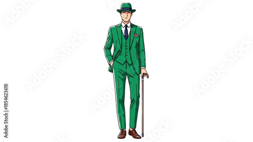 Man in green suit and hat standing with cane in hand