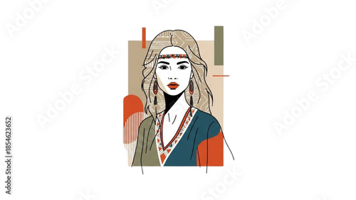 Illustration of a woman with long blonde hair wearing a blue top and red accents in a mixed media art style