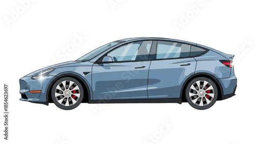 A sleek blue electric car is viewed from the side against a white background