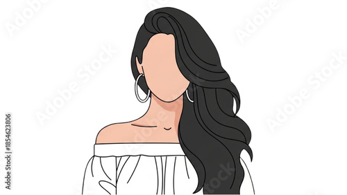 Illustration of a woman with long black hair wearing a white off-shoulder top