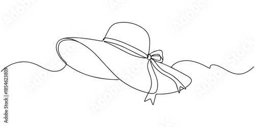 Continuous one line of a fashionable hat with ribbon, symbolizing elegant lifestyle fashion, hand drawn vector illustration.
