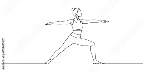 Continuous one line of a yoga outfit in pose, representing active lifestyle fashion, hand drawn vector illustration.