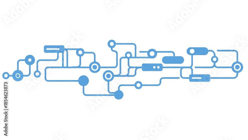 An abstract illustration of a complex technological system with various interconnected components and pathways