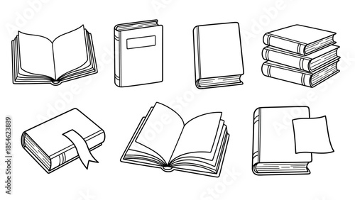 Hand drawn line art set of books and open volumes for educational and editorial use