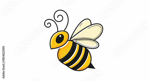 Cartoon bee illustration with yellow and black stripes flying in the air.