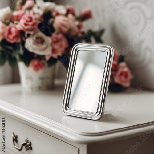 A small mirror sits atop a white dresser, with a vase of pink roses blurred in the background