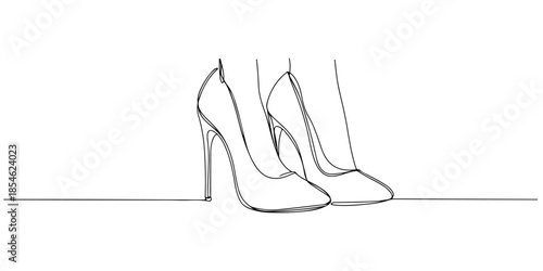 Continuous one line of a pair of high heeled shoes, representing sophistication in lifestyle, hand drawn vector illustration.