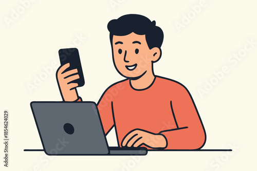 Man Using Smartphone While Working on Laptop Illustration