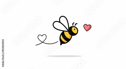 Cute Cartoon Bee Flying with Heart Trail and Red Heart.