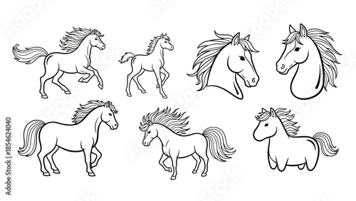 Collection of playful horse and pony line art sketches and head outlines for design