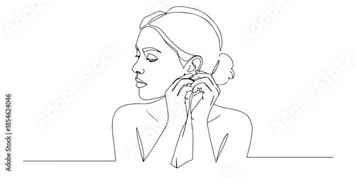 Continuous one line of a woman adjusting earrings, symbolizing graceful fashion detailed, hand drawn vector illustration.