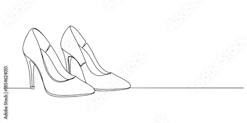 Continuous one line of a pair of high heeled shoes, representing sophistication in lifestyle, hand drawn vector illustration.