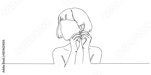Continuous one line of a woman adjusting earrings, symbolizing graceful fashion detailed, hand drawn vector illustration.
