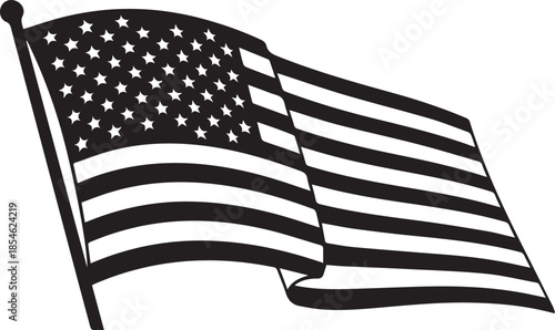 Waving american flag silhouette on white background
