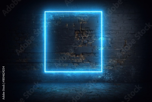 Blue neon square glows on weathered brick wall, dark backdrop
