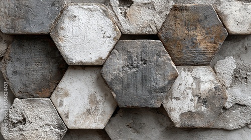 Aged gray-white worn vintage shabby damask patchwork of hexagonal cement tiles forming a timeworn stone mosaic wall,