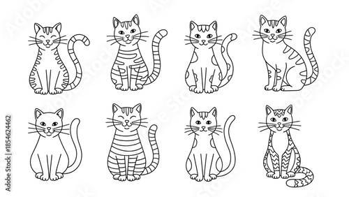 Set of nine cute hand drawn cat outline illustrations for coloring and stickers