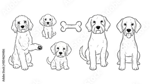 Black and white dog and puppy line art collection for pet illustrations