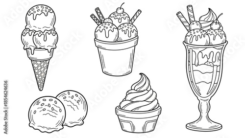 Hand drawn black and white ice cream illustrations showing cones cups sundaes and soft serve treats