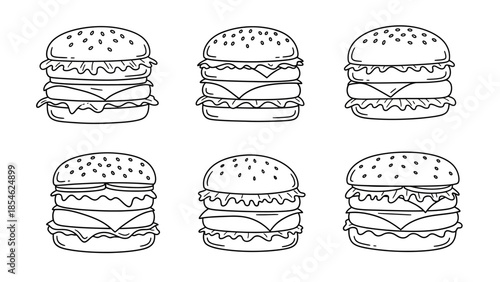 Set of six hand drawn burger outline illustrations for menus and coloring