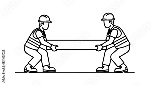 Two construction workers pulling a heavy beam together
