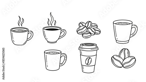 Hand drawn coffee cups and roasted coffee beans icon set in black outlines