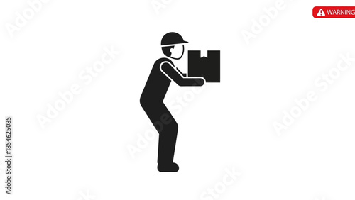 Worker lifting heavy boxes with caution warning