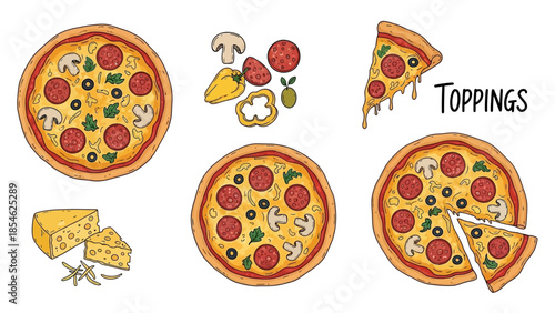 Hand drawn pepperoni pizza illustrations with toppings slices and cheese elements