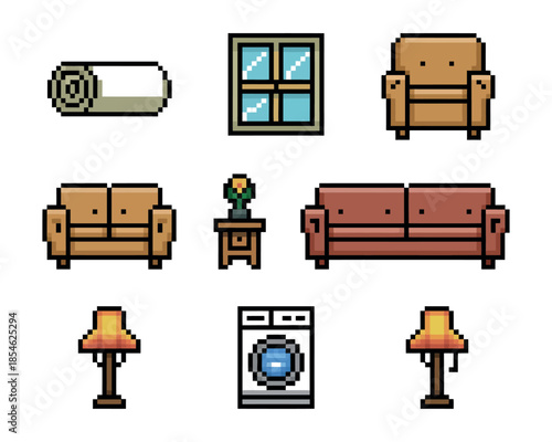 Pixelated furniture and home appliances arranged in a grid on a white background.
