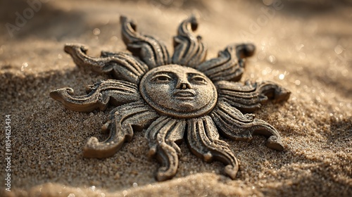 Radiant golden sun symbol meticulously drawn in warm sand at pristine tropical beach