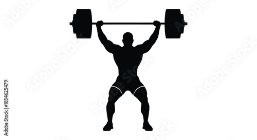 A powerful weightlifter shown in a strong pose successfully completing an overhead lift silhouette