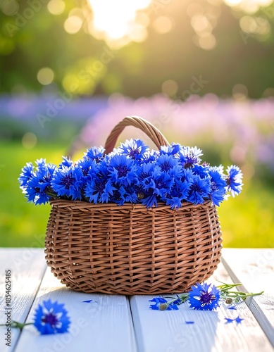 A wicker basket overflowing with vibrant blue wildflowers, set outdoors