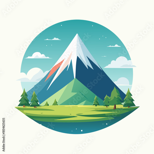 A vibrant illustration of a snow-capped mountain surrounded by lush greenery and a clear blue sky with fluffy clouds.