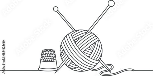 Knitting supplies with ball of yarn and thimble