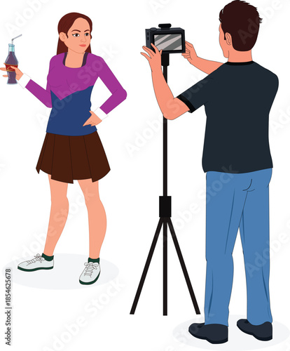 photographer with camera doing photoshoot of female model animation ready illustration
