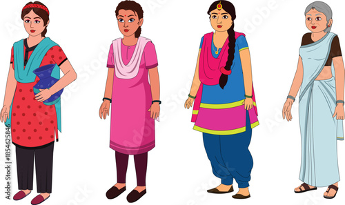 collection of indian woman with saree and kurta animation ready vector illustration	