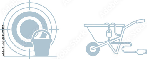 Garden tool illustration with target and wheelbarrow