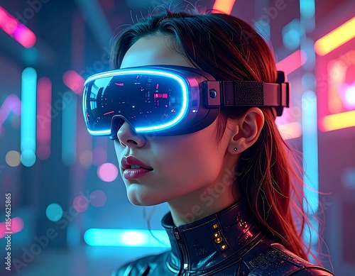 A woman wearing a futuristic headset, surrounded by neon lights