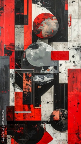 Abstract digital artwork, geometric shapes, red, grey, black