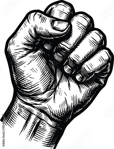 Black and white woodcut style illustration of a clenched fist Keywords: fist, clenched, hand, power, strength, protest, resistance