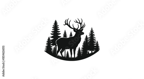 A striking black silhouette of a majestic stag amidst a dense forest of evergreen trees silhouette
