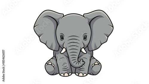 Adorable cartoon baby elephant sitting front facing with large ears and trunk