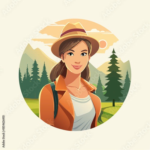 Illustration of a woman hiking in a mountainous landscape with trees and a warm, sunny sky.
