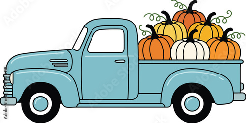 Blue Vintage Pickup Truck Filled With Colorful Pumpkins And Gourds Keywords: truck, pickup, vintage, retro, blue, vehicle
