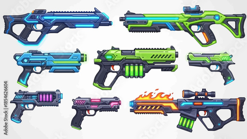 Vibrant Cartoon Sci Fi Blasters Game Asset Set .