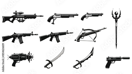 Assorted Weapon Silhouettes Modern Fantasy Sci Fi Arms Vector Collection .