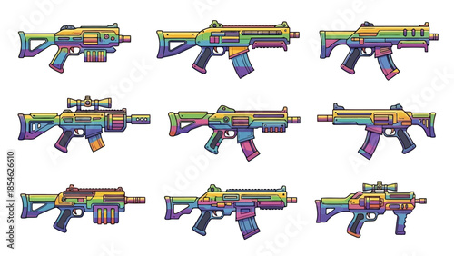 Vibrant cartoon rainbow guns vector illustration set .