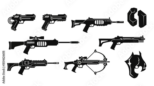 Futuristic Weapons and Sci Fi Gaming Icons Vector Silhouette Collection.