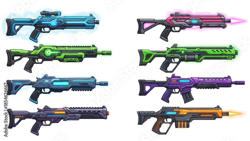 Colorful Vector Cartoon Sci Fi Energy Weapons Collection for Games.