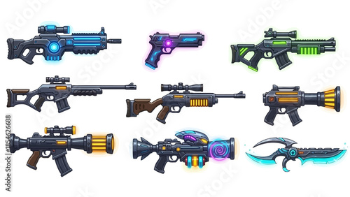 Vibrant Sci Fi Cartoon Weapons Collection Futuristic Guns Blasters and Melee for Games.